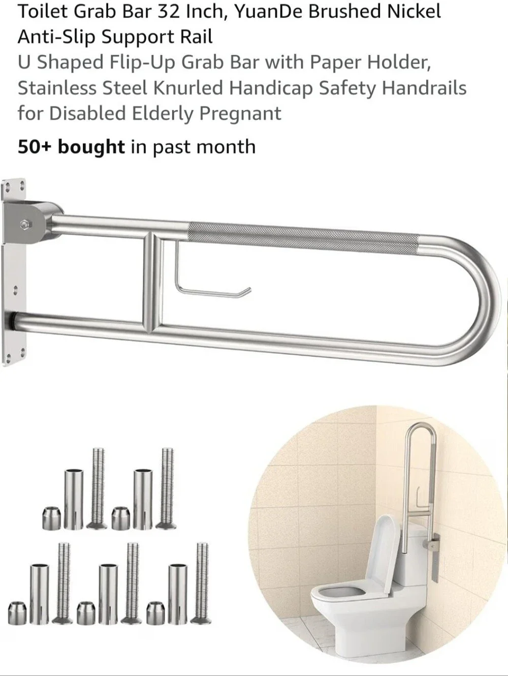 Toilet Grab Bar 32 Inch Brushed Nickel Anti-Slip Support Rail With Paper Holder